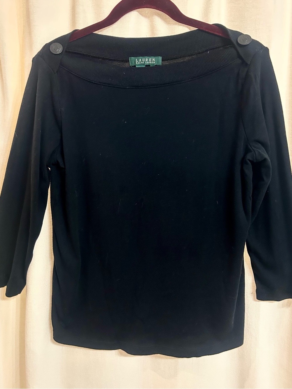 Lauren Ralph Lauren,Black,Boatneck, Cotton,Button-Shoulder Top, Size Medium